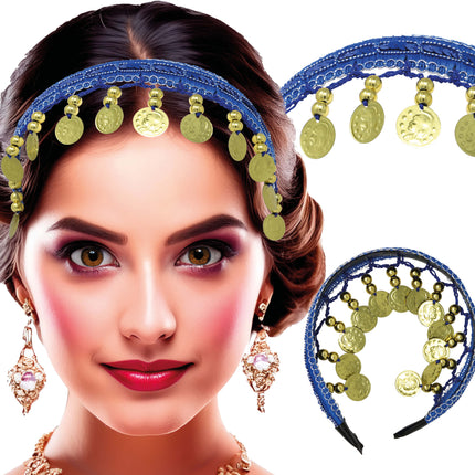 Diadema con monedas de oro azul oscuro, adultos