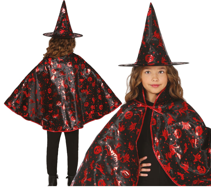 Conjunto Disfraz Halloween Negra Roja Niña Bruja 2 piezas