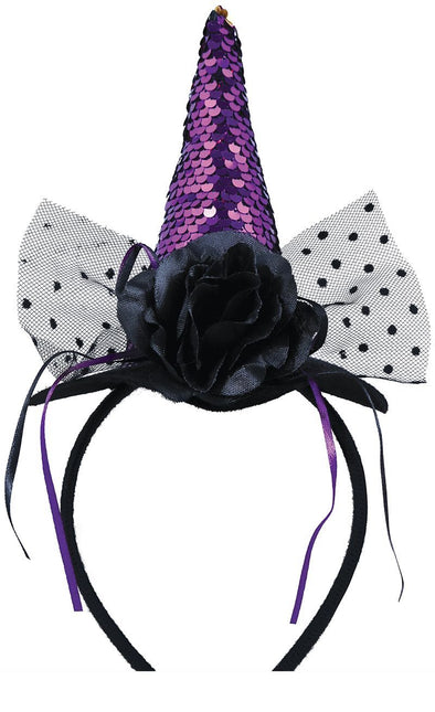 Diadema de Halloween Mini Sombrero de Bruja Lentejuelas Moradas