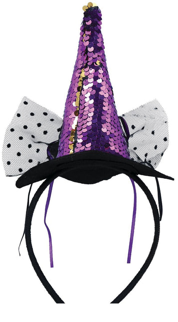 Diadema de Halloween Mini Sombrero de Bruja Lentejuelas Moradas