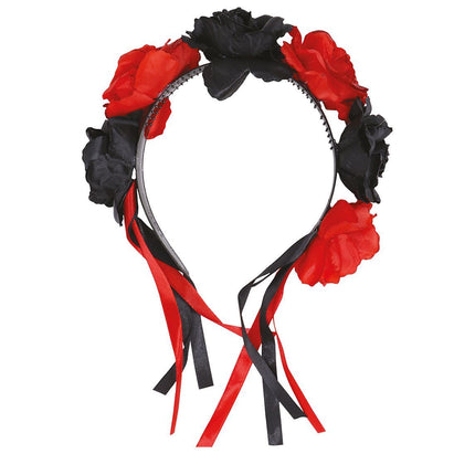 Diadema Halloween Flores Rojo Negro