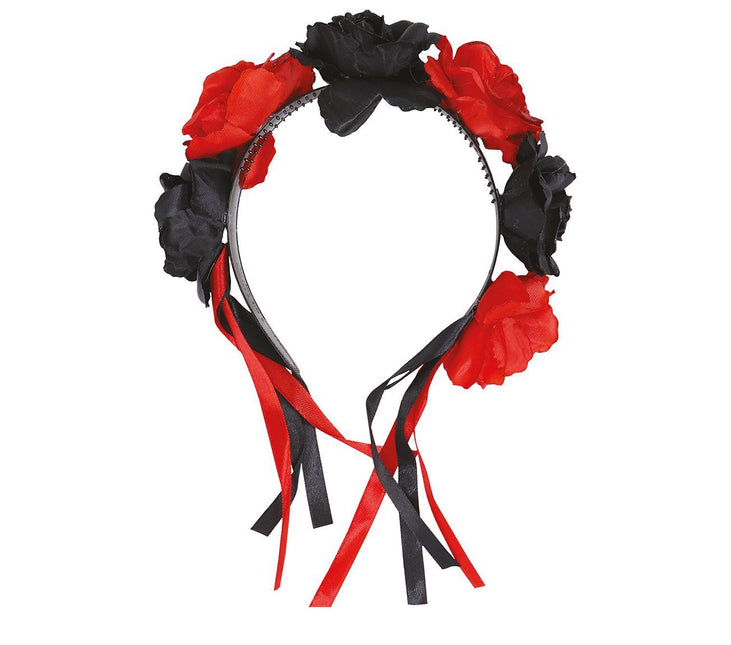 Diadema Halloween Flores Rojo Negro