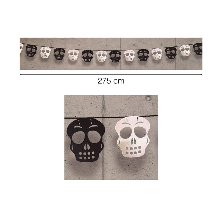 Banderola Halloween Calaveras Negro Plata 2,75m