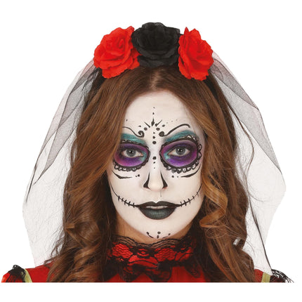 Halloween Tiara Velo Y Flores Rojo