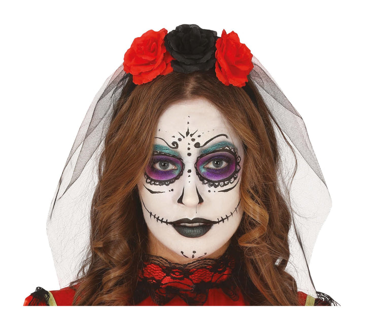 Halloween Tiara Velo Y Flores Rojo