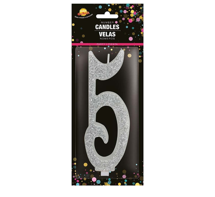 Vela Plateada 5 Años Purpurina 12,5cm