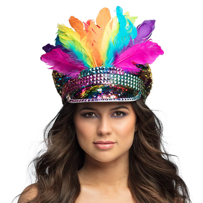 Gorro Arco Iris Plumas Y Diamantes