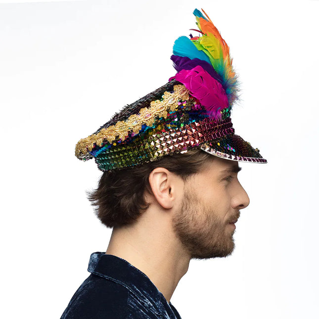 Gorro Arco Iris Plumas Y Diamantes