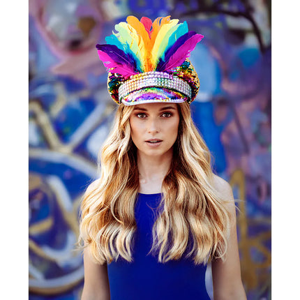 Gorro Arco Iris Plumas Y Diamantes