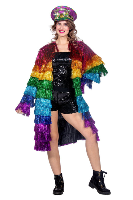 Chaqueta de espumillón arco iris largo