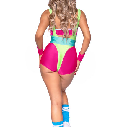 Neon 80S Disfraz Verde Rosa Señoras Body Workout Leg Avenue