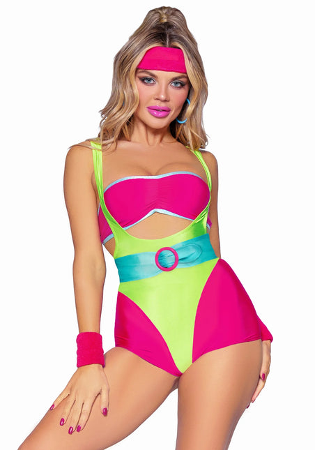 Neon 80S Disfraz Verde Rosa Señoras Body Workout Leg Avenue