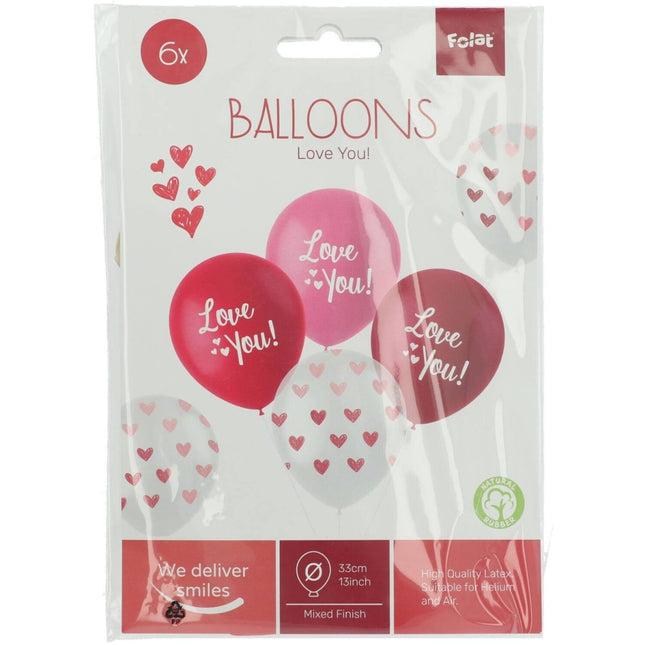 Ballonnen 'Love You!' Mix Roze 33cm - 6 stuks - Partywinkel - 8714572248853