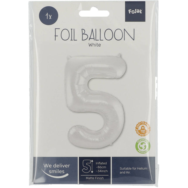 Globo Foil Figura 5 Blanco Mate XL 86cm vacío