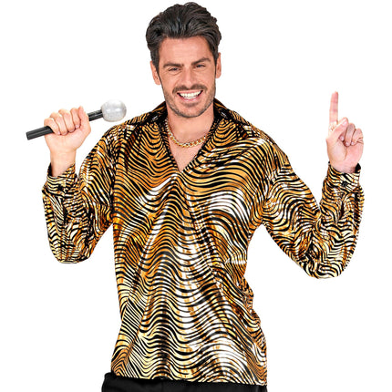 Camisa Disco 70S Oro Estampado Tigre Hombre