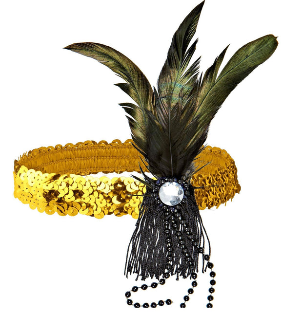 Diadema Oro Lentejuelas Con Plumas