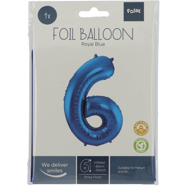 Globo Foil Figura 6 Azul Metalizado XL 86cm Vacío