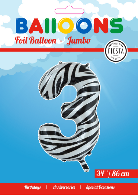 Globo de foil Figura 3 Cebra XL 86cm vacío