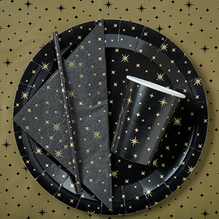 Pajitas de Papel Oro Estrellas Negro 20cm 8pcs