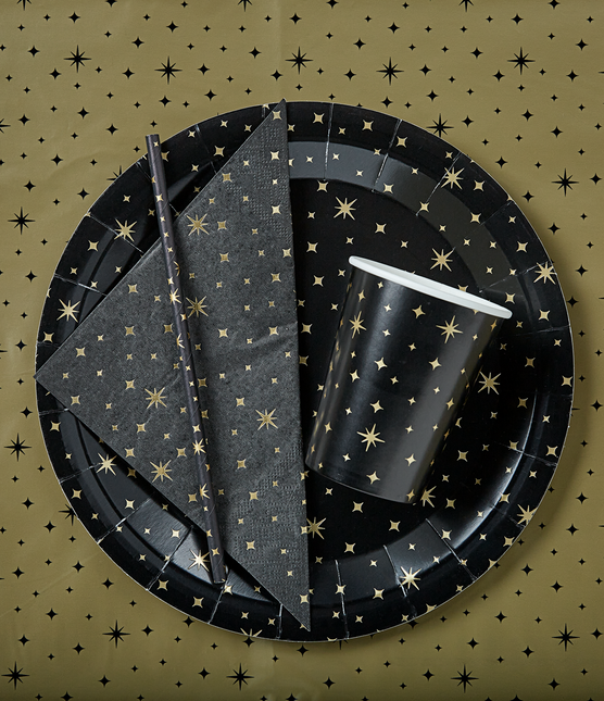 Pajitas de Papel Oro Estrellas Negro 20cm 8pcs