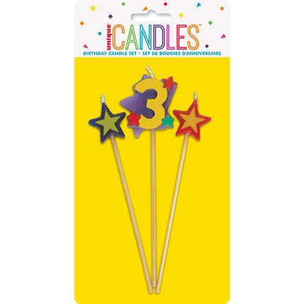 Set de Velas 3 Años Estrellas 26cm 3pcs