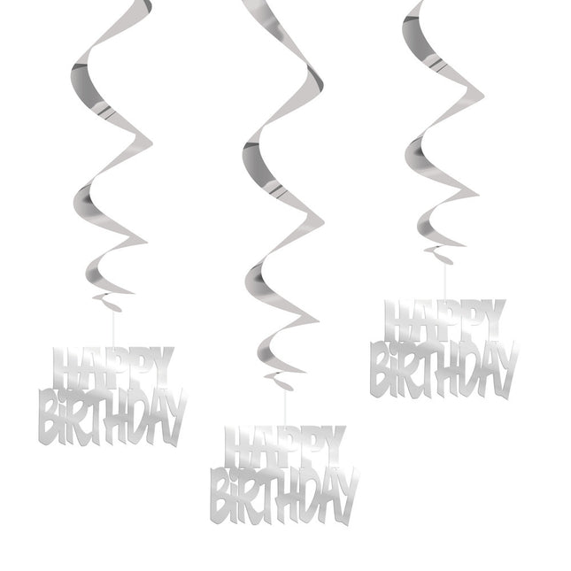 Decoración colgante Feliz Cumpleaños Plata 81cm 3pcs