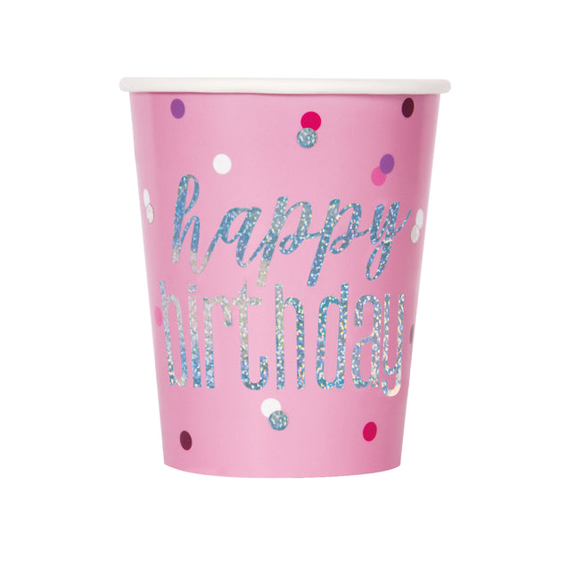 Tazas Feliz Cumpleaños Purpurina Rosa 266ml 8pcs