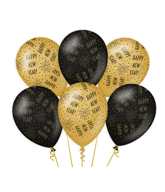 Globos Feliz Año Nuevo Oro Negro 30cm 6pcs