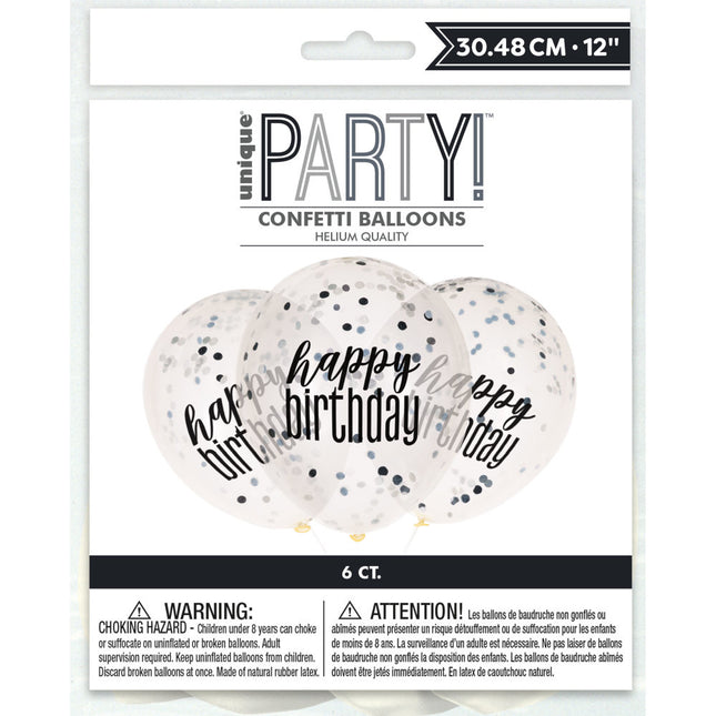 Globos de Cumpleaños Happy Birthday Confetti Negro 30cm 6pcs