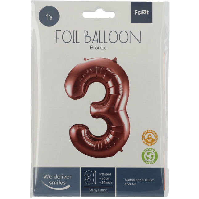 Globo Foil Figura 3 Bronce XL 86cm vacío