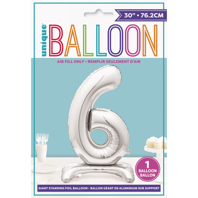 Globo Foil Figura 6 Plata Estándar 76cm