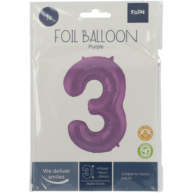 Globo de foil Figura 3 Morado mate XL 86cm vacío