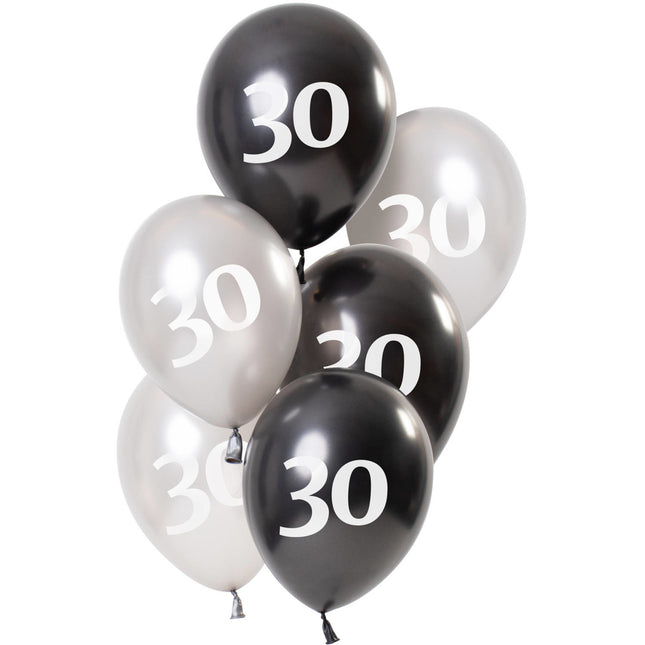 Globos 30 Años Negro 23cm 6pcs