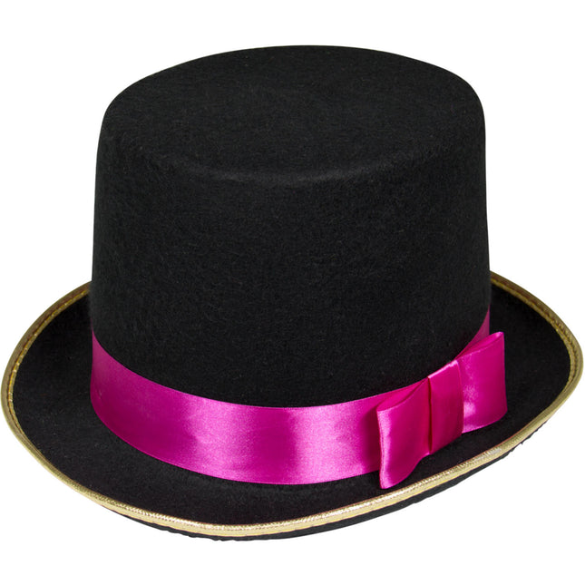 Sombrero de copa negro con lazo rosa