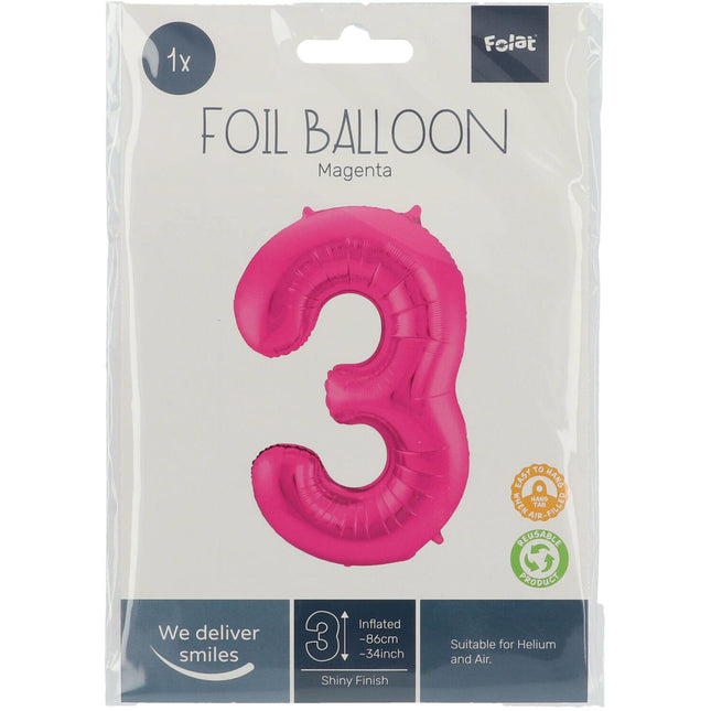 Globo Metalizado Figura 3 Fucsia XL 86cm vacio