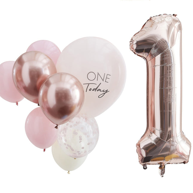 Set Globos Oro Rosa 1 Año 10 piezas