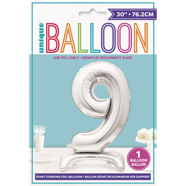 Globo Foil Figura 9 Plata Estándar 76cm