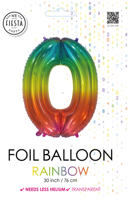 Globo de foil Figura 0 Arco Iris Transparente 66cm