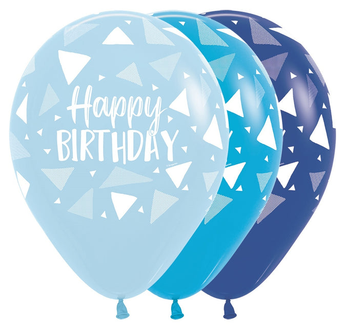 Globos Feliz Cumpleaños Triángulos Mezcla Azul 30cm 25pcs