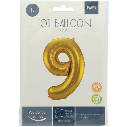 Globo Foil Figura 9 Oro Metalizado XL 86cm vacío