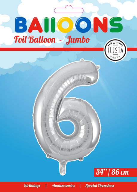 Globo Foil Figura 6 Plata XL 86cm vacío