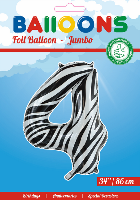 Globo de foil Figura 4 Cebra XL 86cm vacío