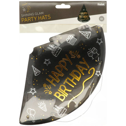 Sombreros Fiesta Feliz Cumpleaños Negro Oro 6pcs