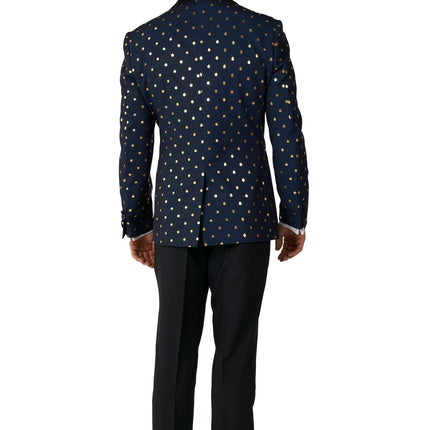 Esmoquin azul oscuro con lunares dorados para hombre OppoSuits