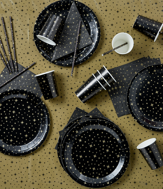 Platos Oro Estrellas Negro 20cm 8pcs