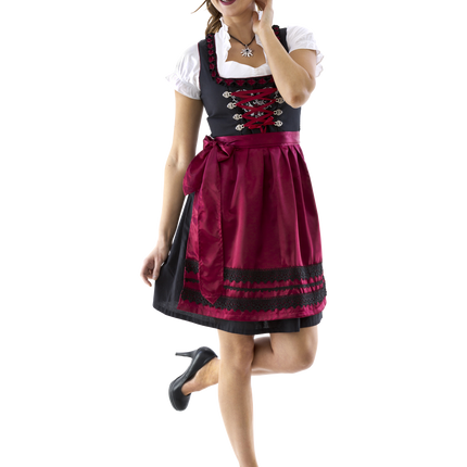 Negro Rojo Dirndl Vestido Oktoberfest Señoras Burdeos