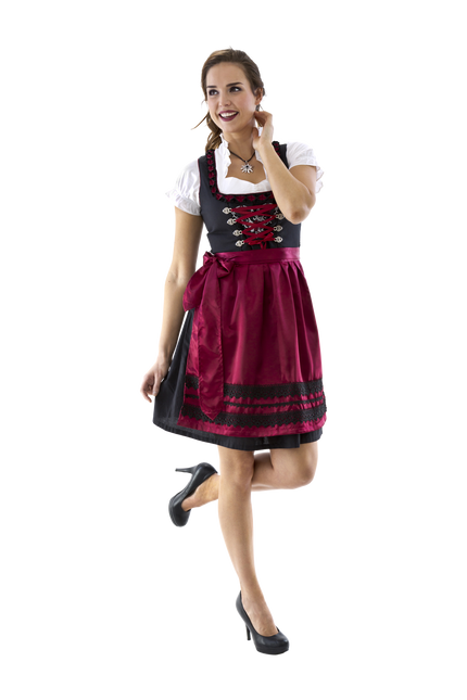 Negro Rojo Dirndl Vestido Oktoberfest Señoras Burdeos