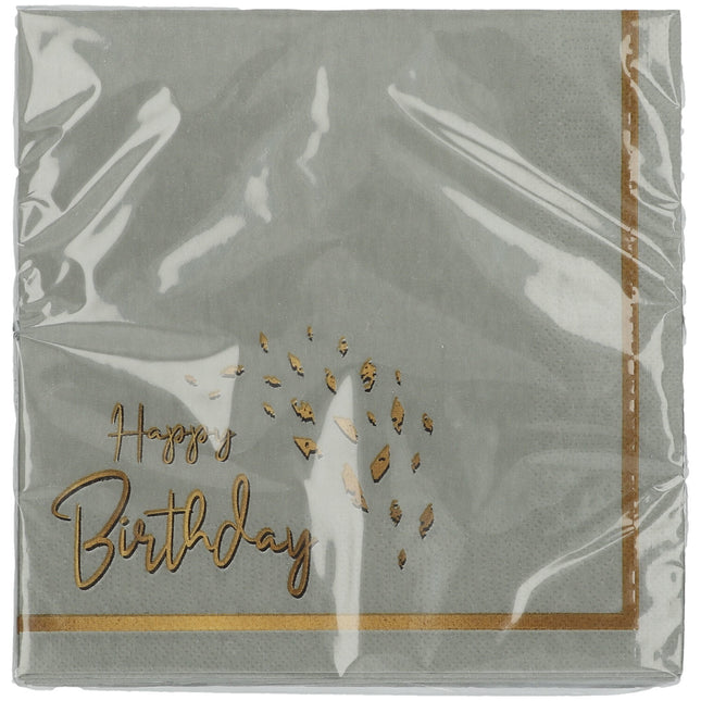 Servilletas Feliz Cumpleaños Gris Oro 33cm 20pcs