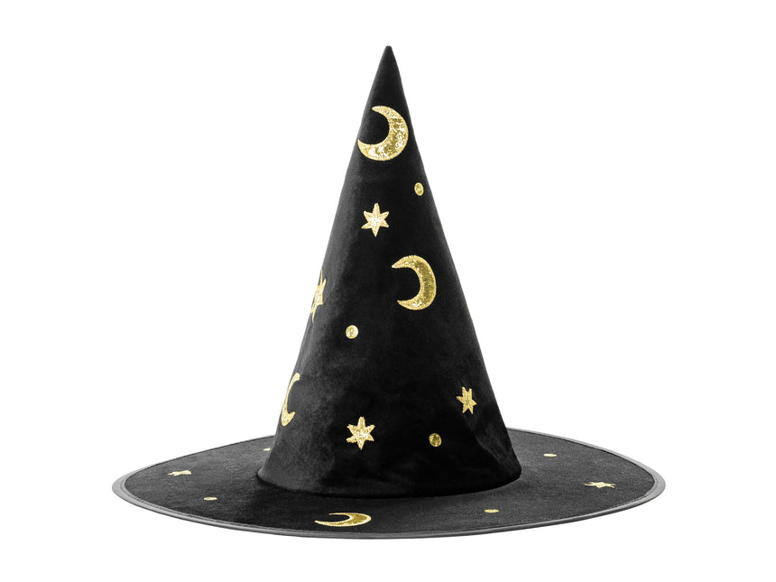 Sombrero de bruja de Halloween dorado negro