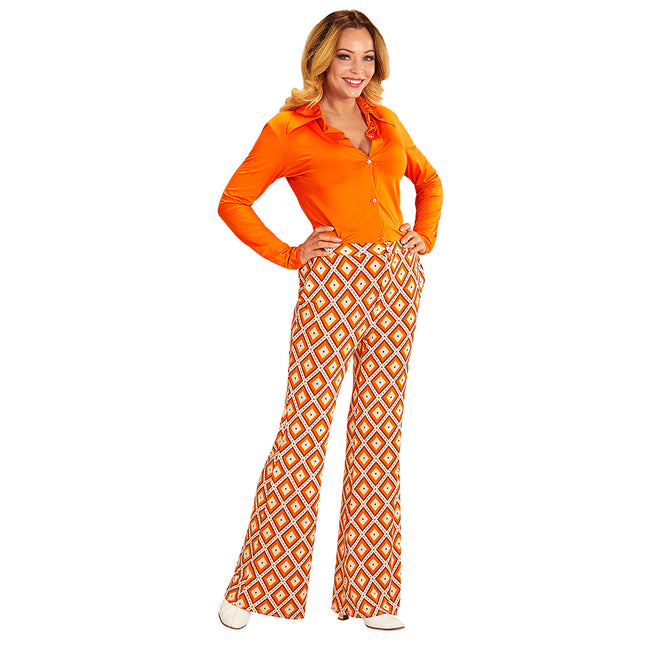 Pantalones Disco 70S Naranja Plaid Señoras